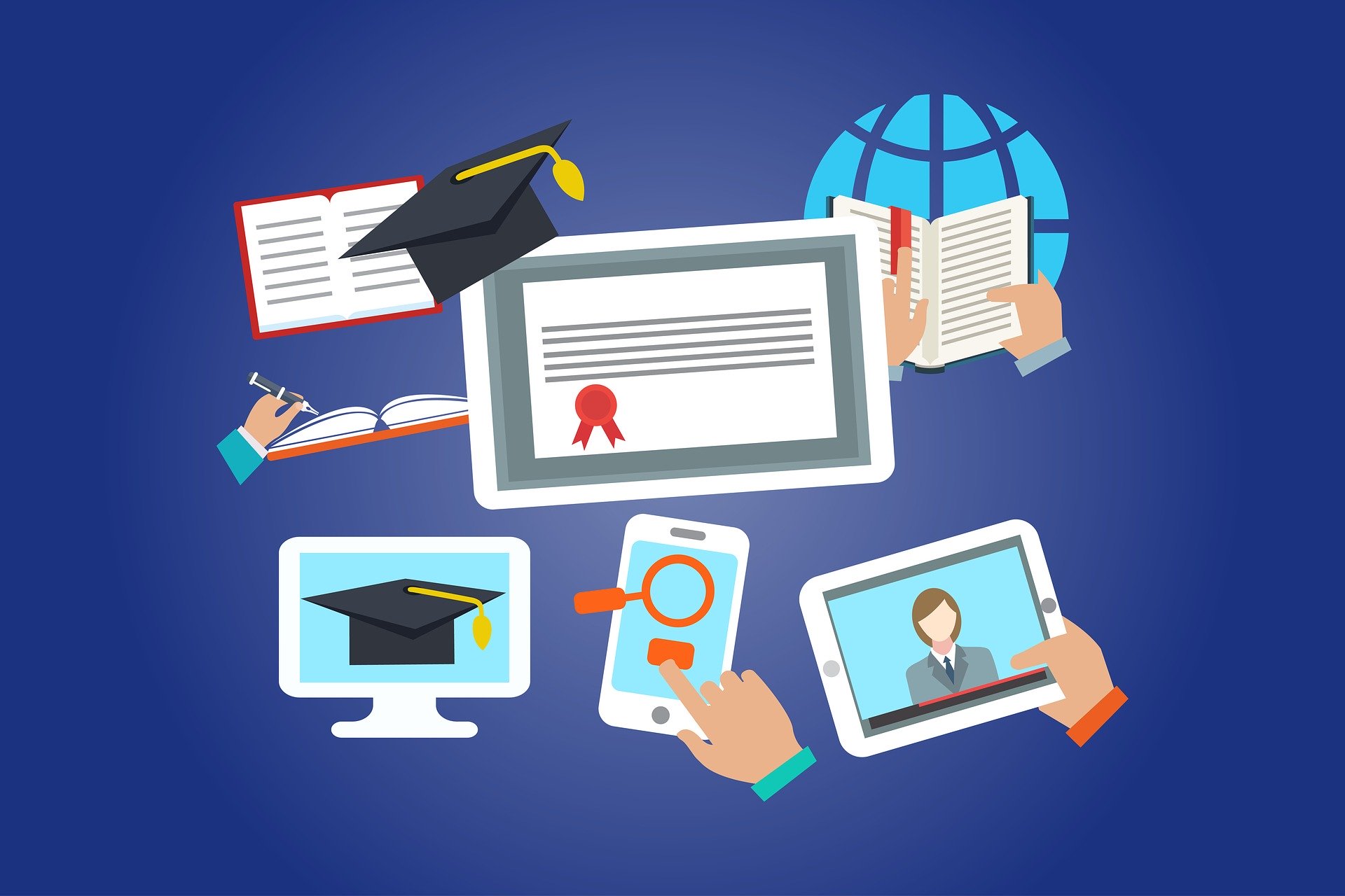 Various education and online learning elements like books, a graduation cap, a diploma, a globe, and digital devices, representing the concept of global online education and e-learning.