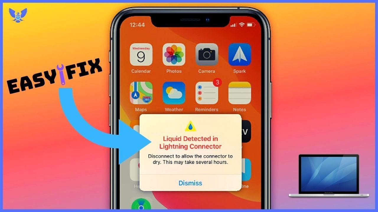 An iPhone displays a "Liquid Detected in Lightning Connector" warning, with an "Easy Fix" label and arrow pointing to the alert.