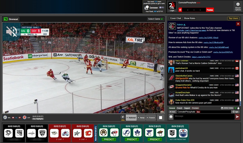 The image displays a live hockey game between Dallas and Calgary, accompanied by an interactive chat window and various user interface elements.
