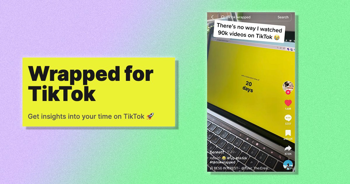 Tiktok wrapped written on left and a laptop that dispays 20 days in a tiktok reel