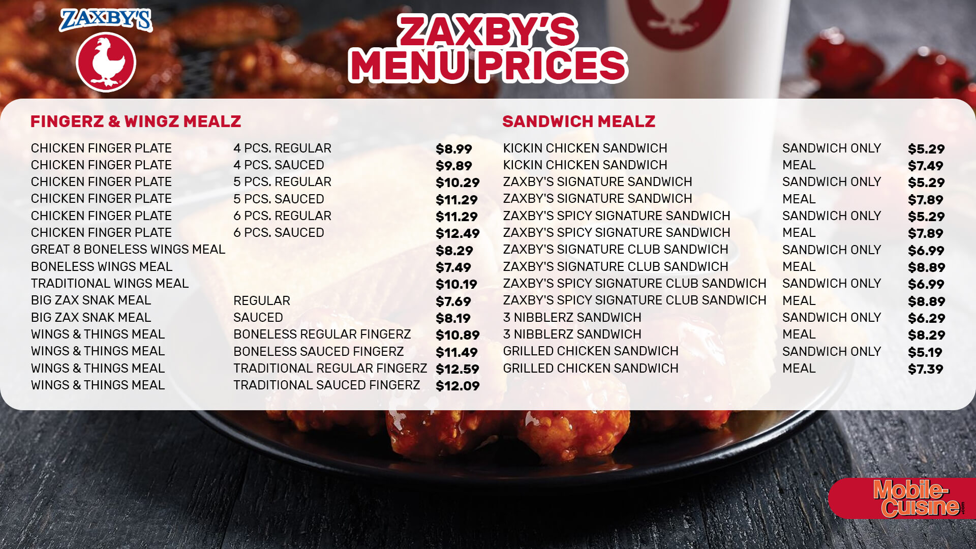 Zaxbys menu prices written