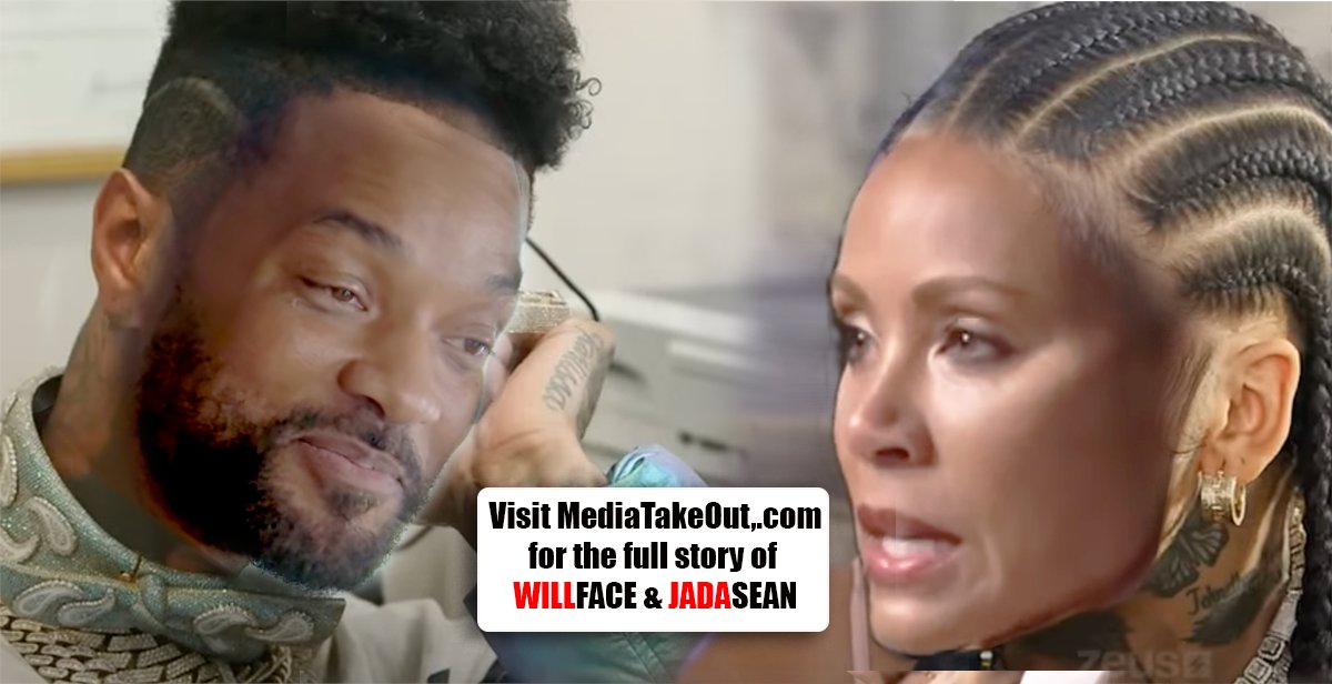 Will smith and Jada in an emotional conversation with a mediatakeout.com promotion overlay.