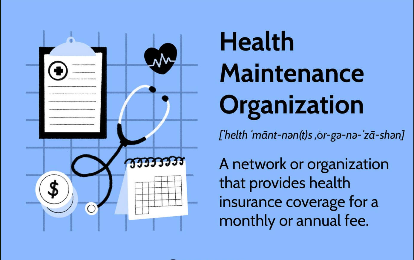 An illustartion of medical stuff and "health maintenance organization" written on a blue background