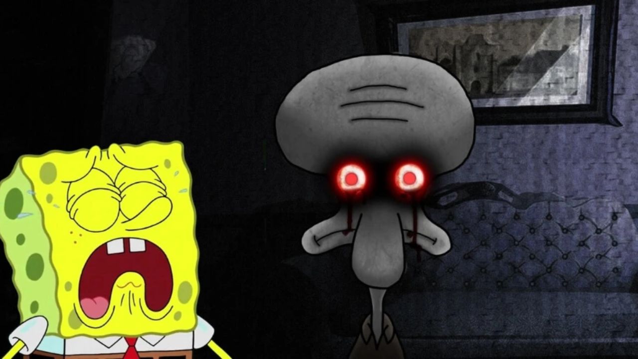 Squidward standing with red eyes, spongebob shouting in the corner