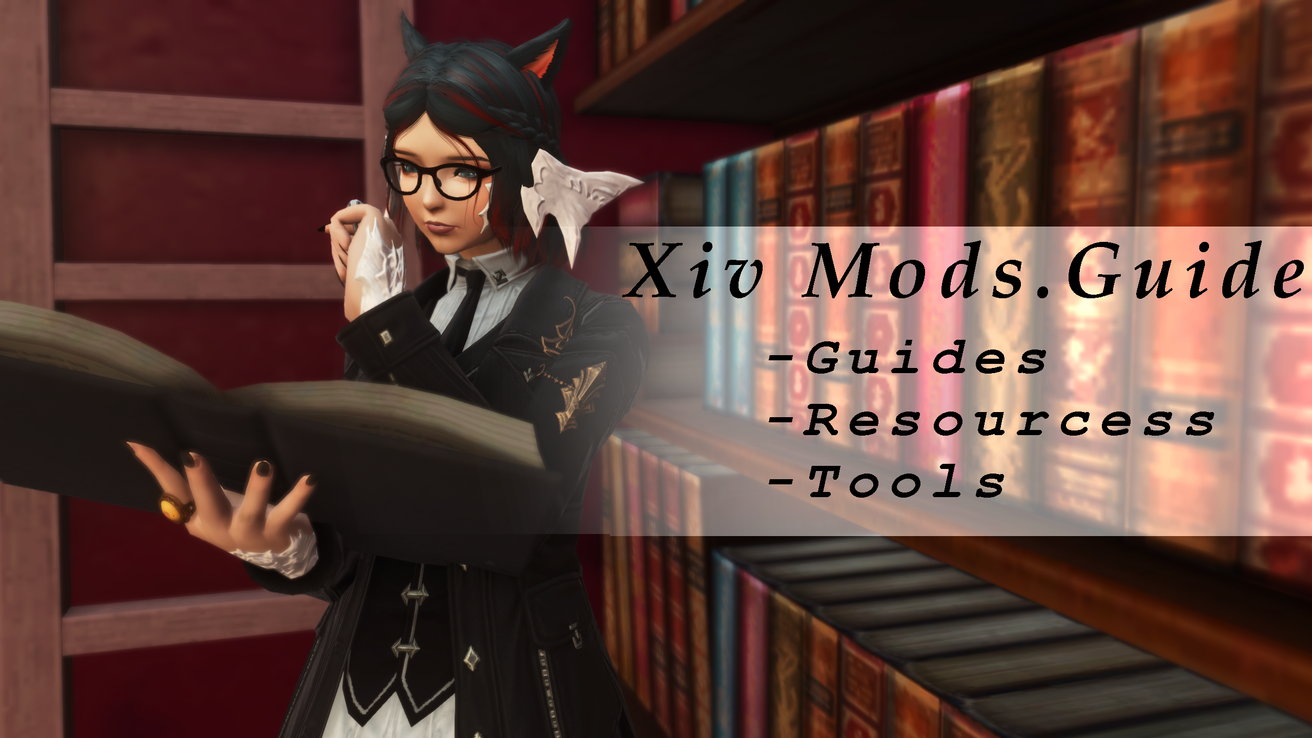 A character from Final Fantasy XIV is shown with text indicating a guide for mods, resources, and tools for the game.