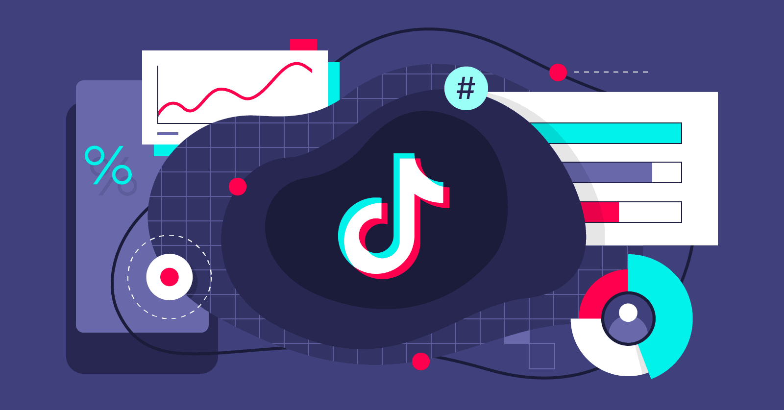 Stylized TikTok logo surrounded by various graphic elements representing analytics, data, and online interaction.