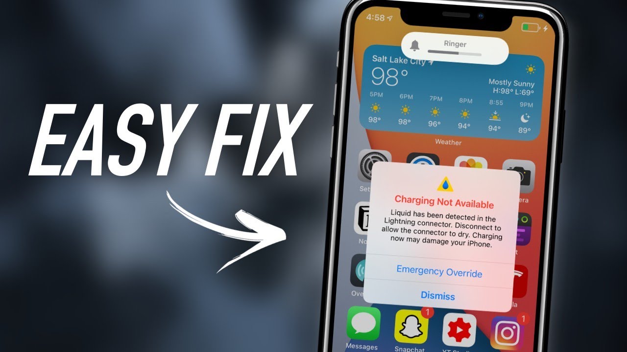 The image depicts an iPhone displaying a "Charging Not Available" alert due to detected liquid in the Lightning connector, accompanied by the words "EASY FIX."