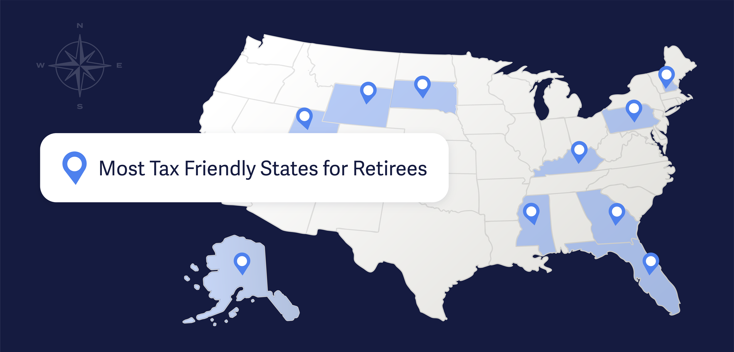 Map of the United States with marked locations, labeled as "Most Tax Friendly States for Retirees," indicating a focus on regions that offer favorable tax conditions for retired individuals.
