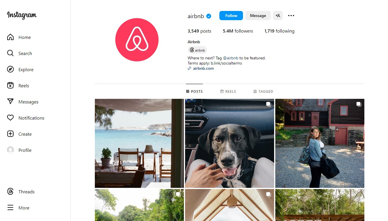 Official Instagram account of Airbnb as seen on a desktop, with a view of the beach, a dog and a woman