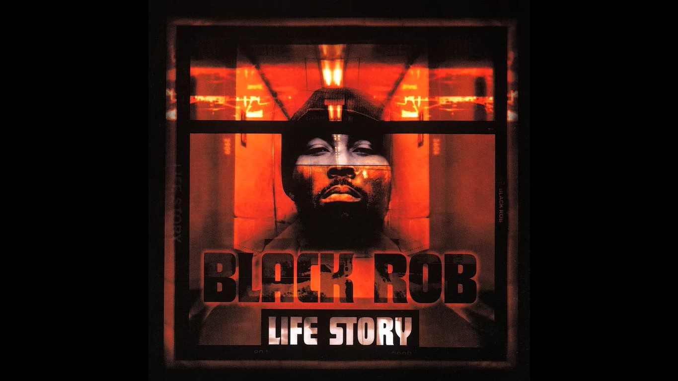 Album cover of ‘Life Story,’ with a grim-faced Black Rob in a beanie embedded in the middle 