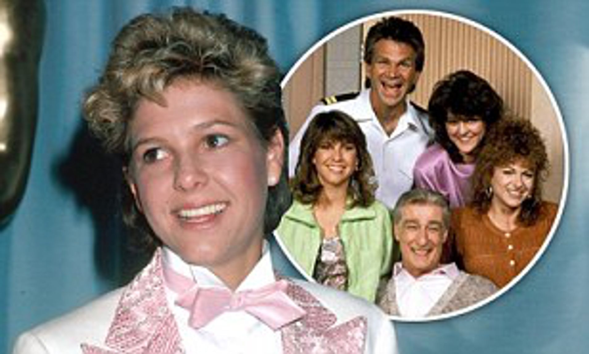 Collage of two photos: a portrait of a woman with a short hairstyle and bowtie in the foreground, and a group photo in the inset featuring four individuals smiling, suggesting a snapshot from a television show or a personal album.