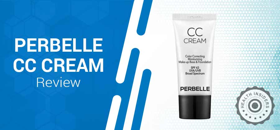 Review section, featuring the Perbelle CC Cream with emphasis on its color-correcting properties and SPF 43 protection, presented on a blue and white graphic background.