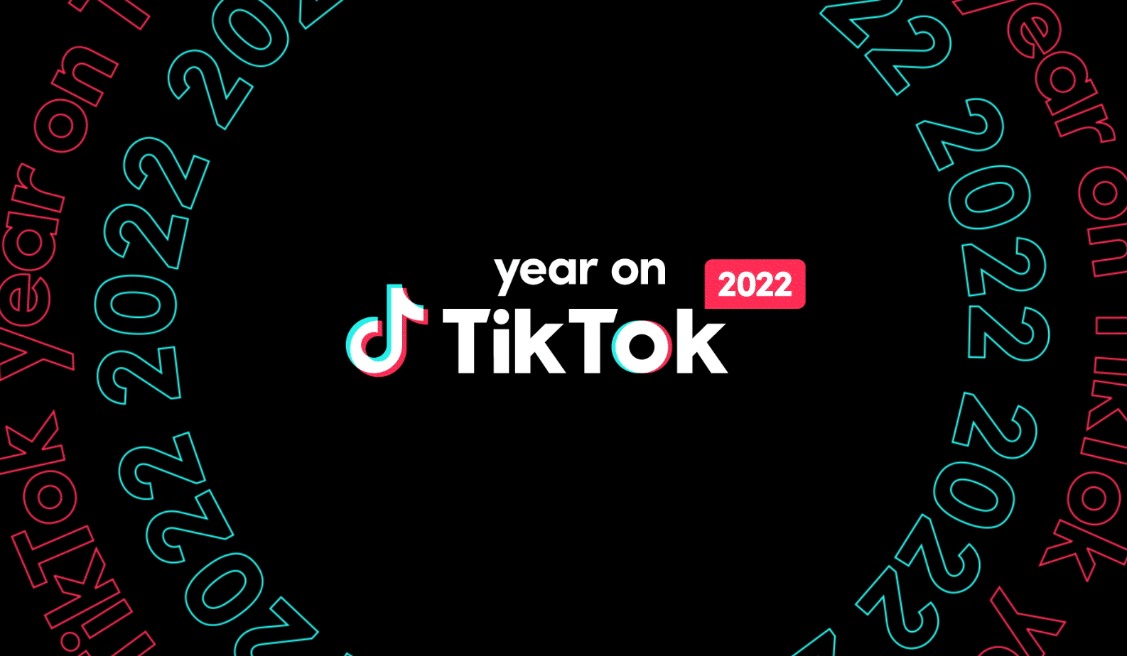 "year on TikTok 2022" with a central focus on the platform's logo, surrounded by neon-colored repetitions of the year 2022