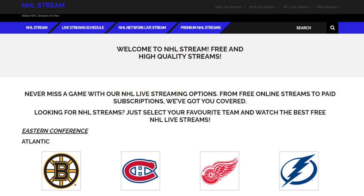 The image showcases a website interface for "NHL Stream" that offers free and premium live streaming options for NHL games, with logos of various hockey teams displayed under the "Eastern Conference" category.