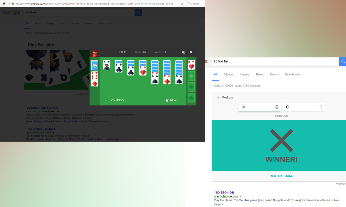 Two overlapping computer screens; one showing a Solitaire game on a Google search page, and the other indicating a game win with a "WINNER" notification.