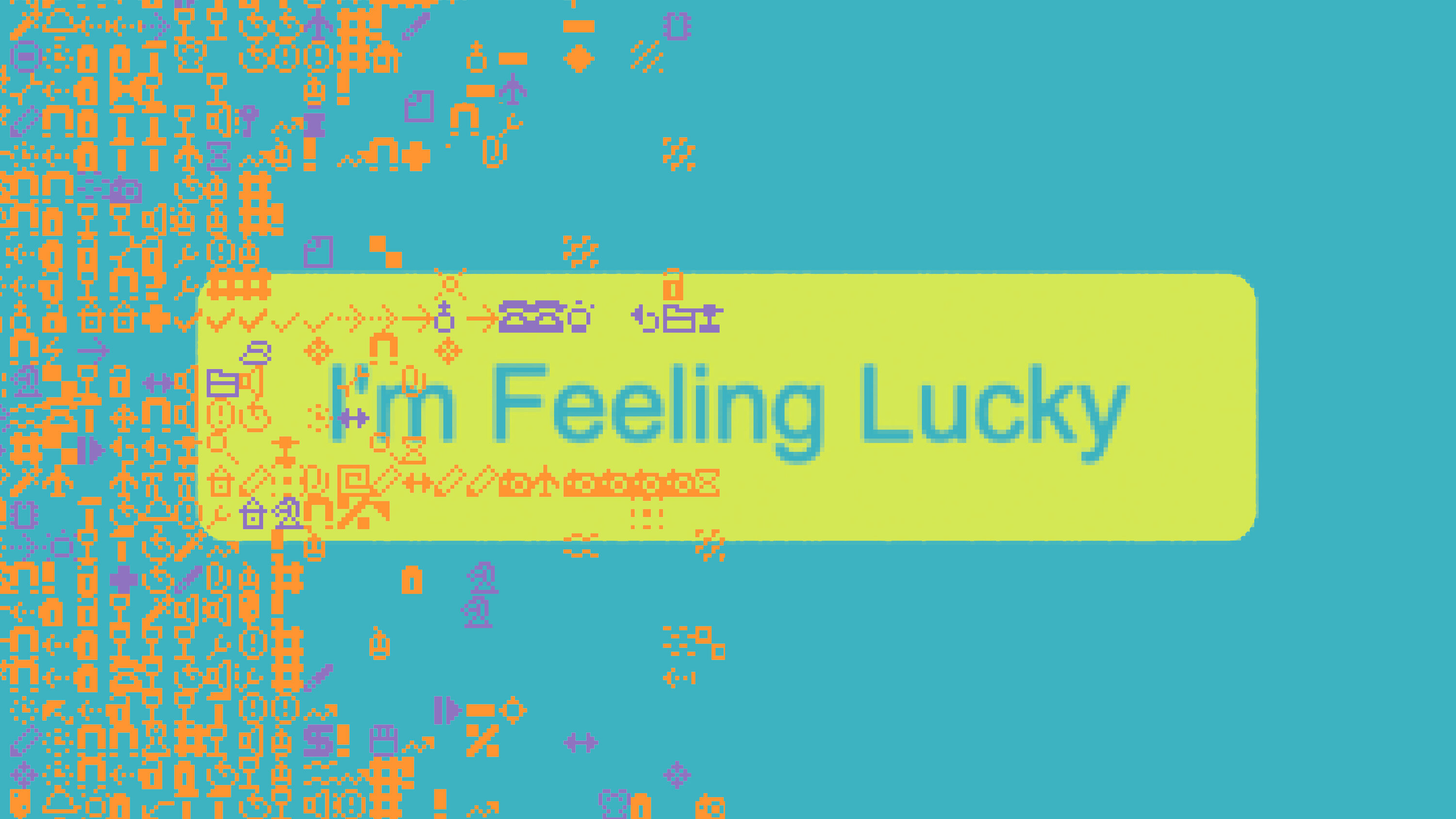 A digital, glitchy aesthetic with the "I'm Feeling Lucky" button prominently displayed against a vibrant background.
