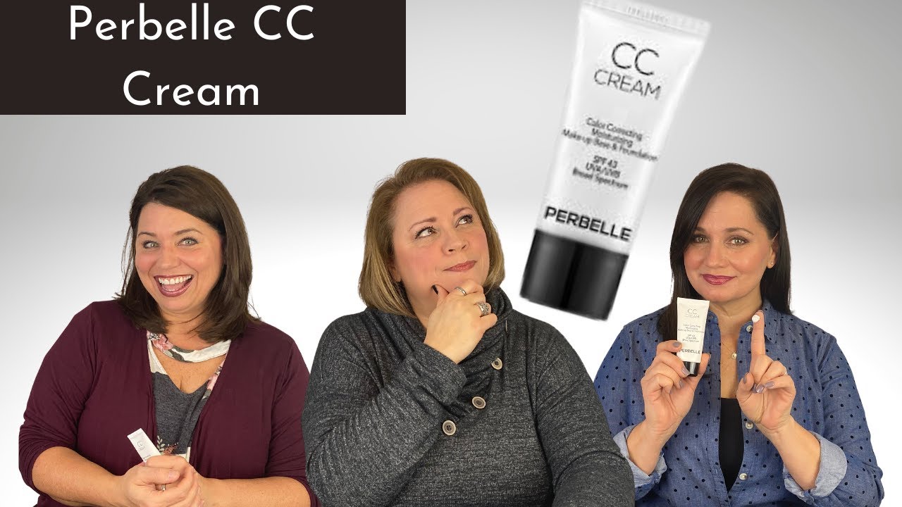 Three women with different expressions, each presumably representing diverse customer reactions to the Perbelle CC Cream displayed in the center.
