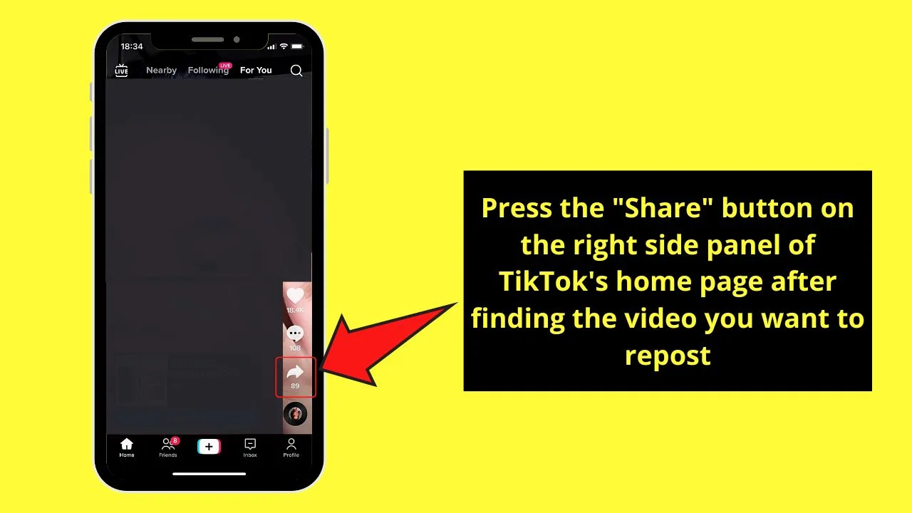 A visual guide on how to use the "Share" button on TikTok's interface to repost a video.