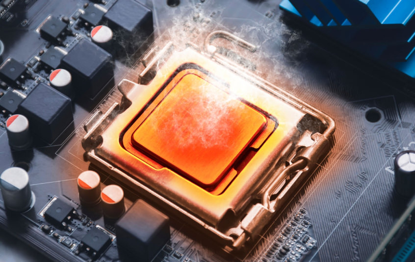 Overheated CPU glowing red and emitting smoke, emphasizing the critical importance of effective thermal management in computer systems.