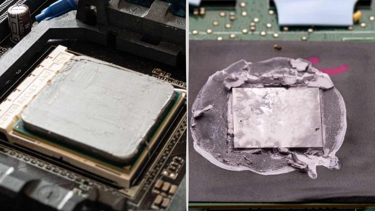 Two CPUs side by side; one with a smooth, evenly spread layer of thermal paste, and the other with an old, crusty thermal compound in need of cleaning and reapplication