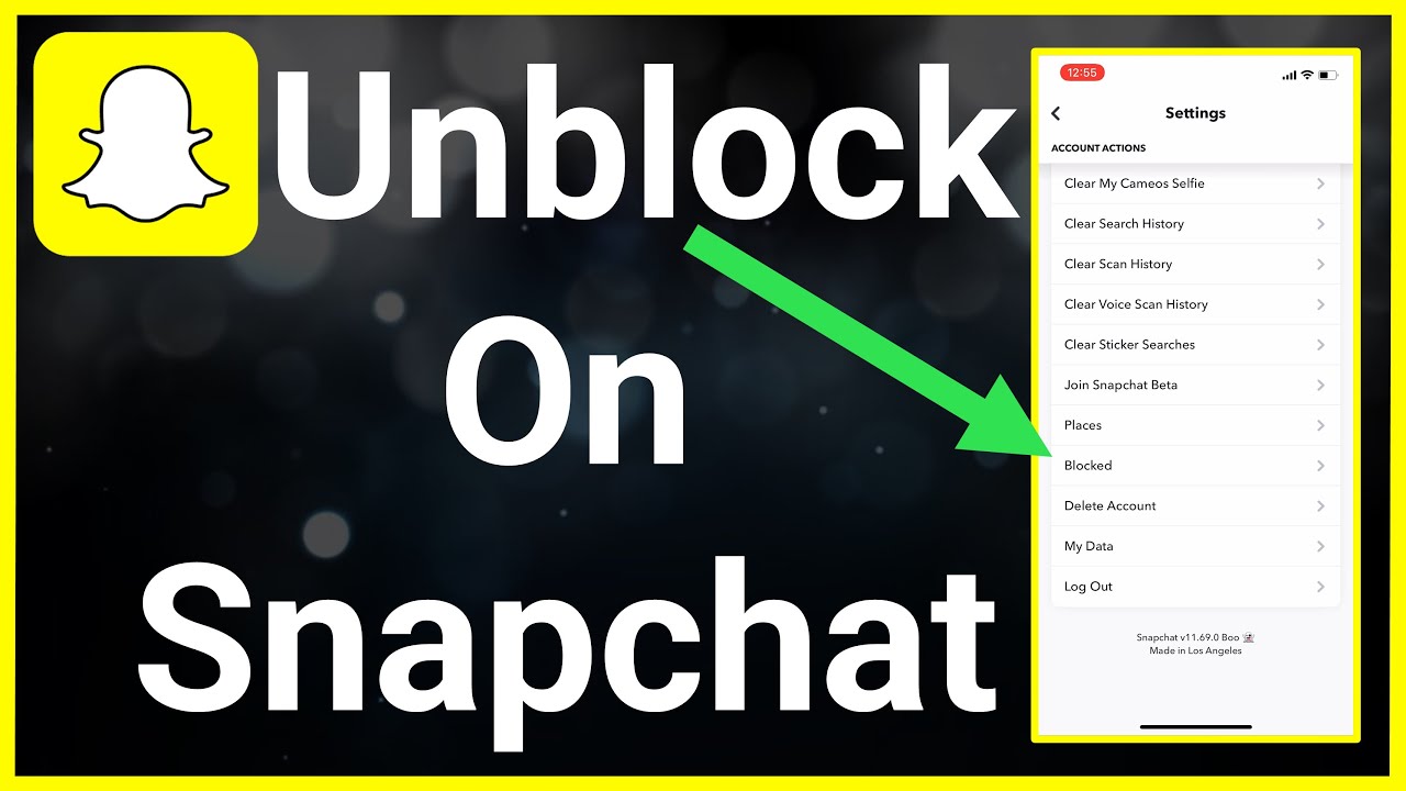 Highlights the process of unblocking someone on Snapchat, showing the Snapchat logo and a settings menu with an arrow pointing to the "Blocked" option.