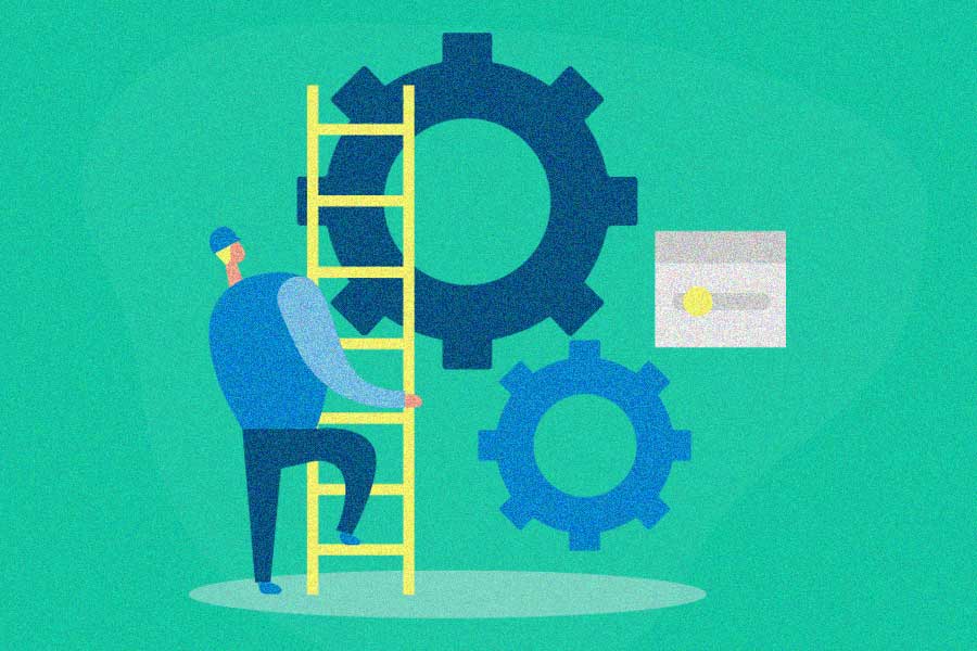 The illustration depicts a person climbing a ladder towards large gears, symbolizing problem-solving or working towards a mechanical or systematic solution.