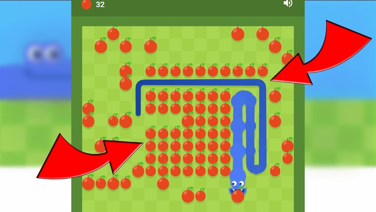 The snake game displays a blue snake surrounded by numerous red apples, with large red arrows pointing towards the gameplay area.
