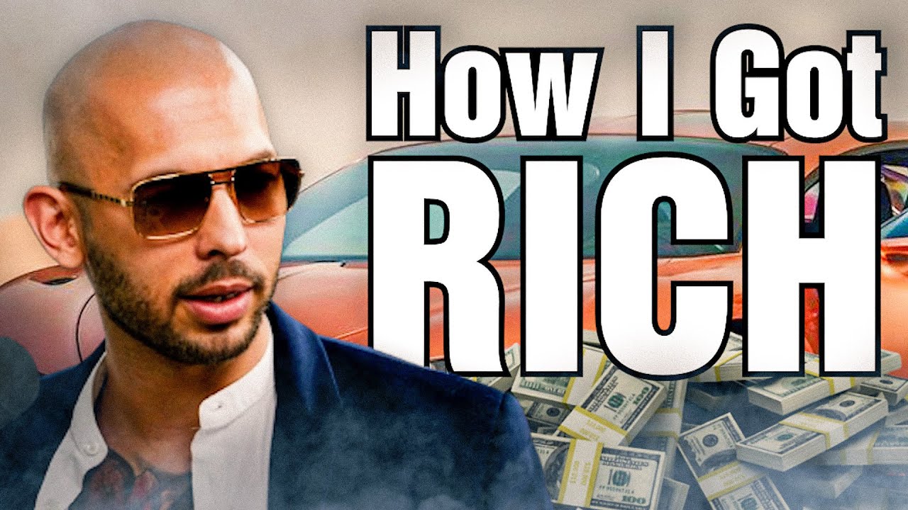 A bald man with sunglasses is overlaid with the bold text "How I Got RICH" and a background of dollar bills.