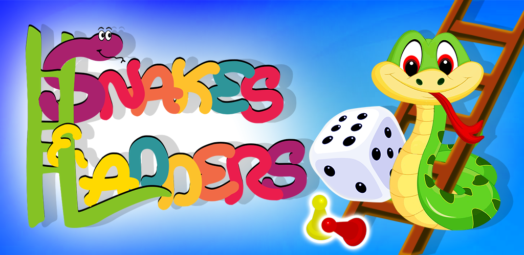 A vibrant game banner for "Snakes and Ladders" features a cheerful snake on a ladder next to a rolling dice.