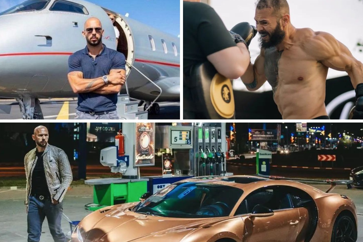 Andrew Tate in various settings: by an airplane, boxing, and with a sports car at a gas station.