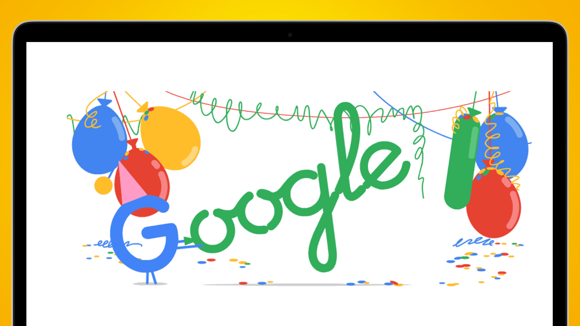 The Google logo adorned with colorful balloons and festive decorations.