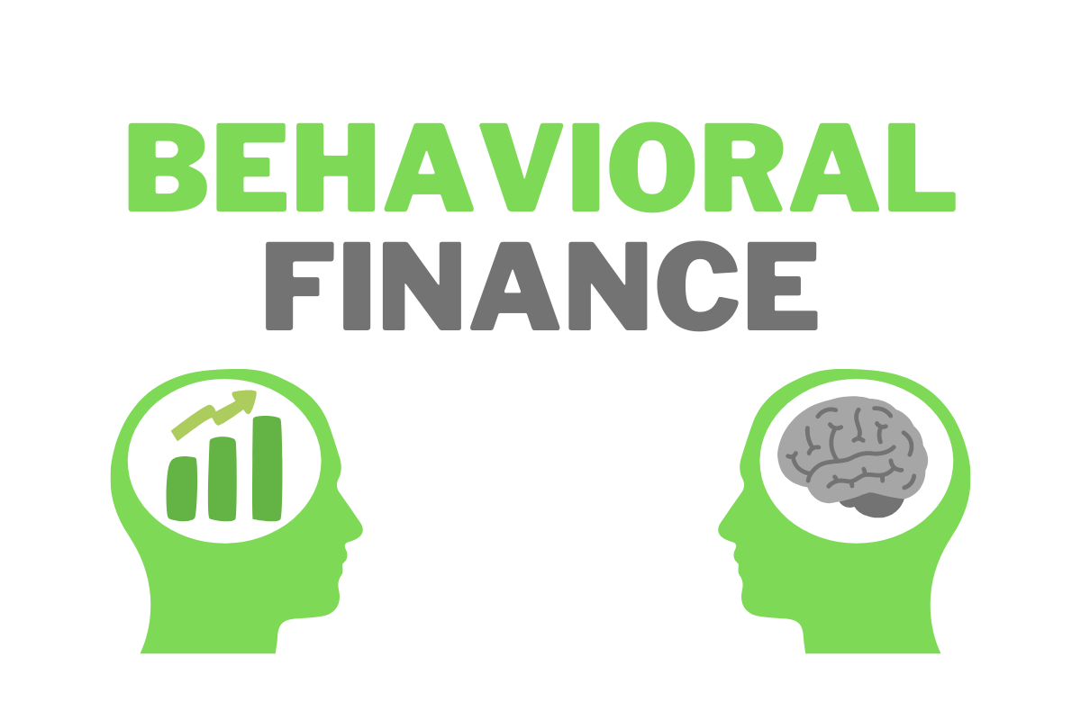 Behavioral Finance above two human-like heads having a brain in one and a chart in the other
