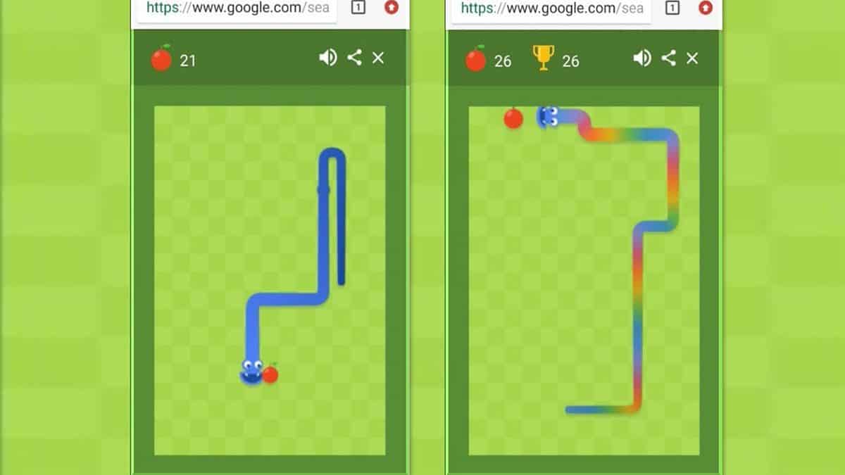 Two mobile game screens display snaking paths with a blue head, one simpler and the other with a competing red path.