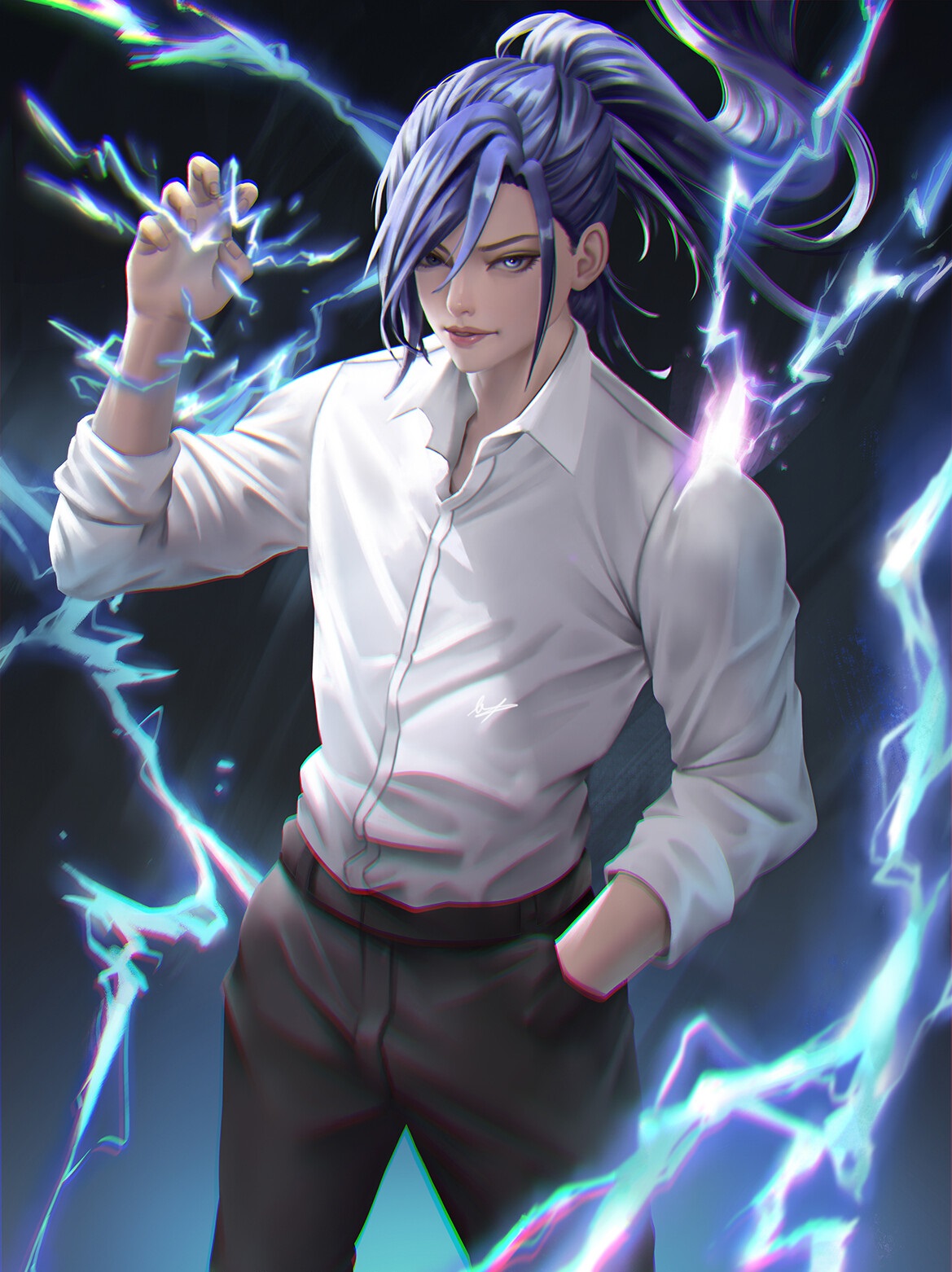  A women with purple hair wearing dress shirt and pants standing in front of a lightning bolt.