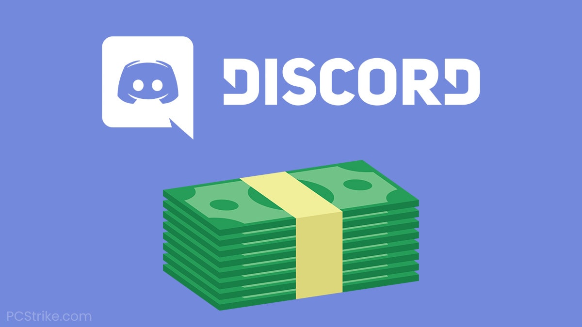 Logo of discord and a stack of money on a blue background.