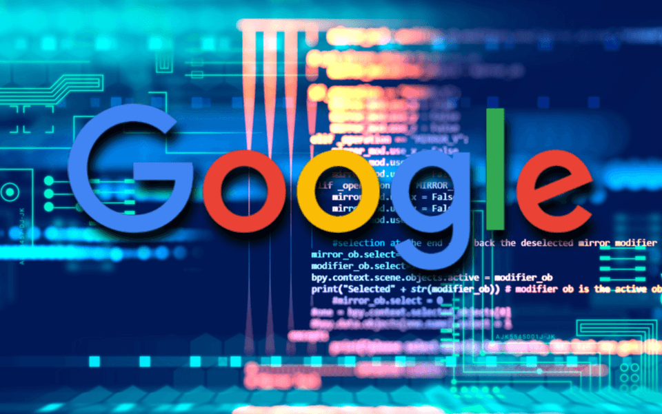 "Google" logo superimposed over a vibrant digital backdrop of circuitry and lines of code.
