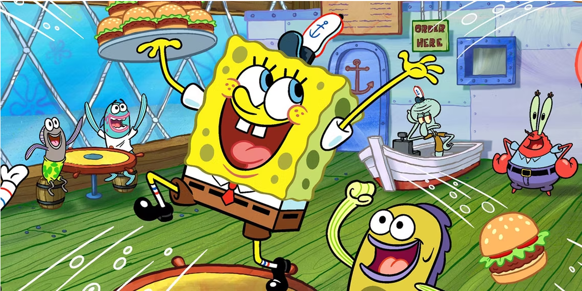 Spongebob holding a plate of burgers