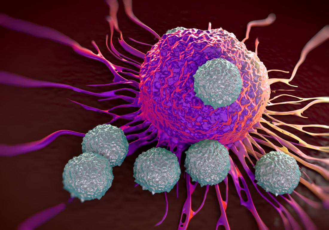 An illustration of cancer cells growing on a t-cell.