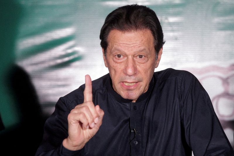 Pakistan's former Prime Minister Imran Khan gestures as he speaks to the members of the media at his residence in Lahore, Pakistan May 18, 2023.