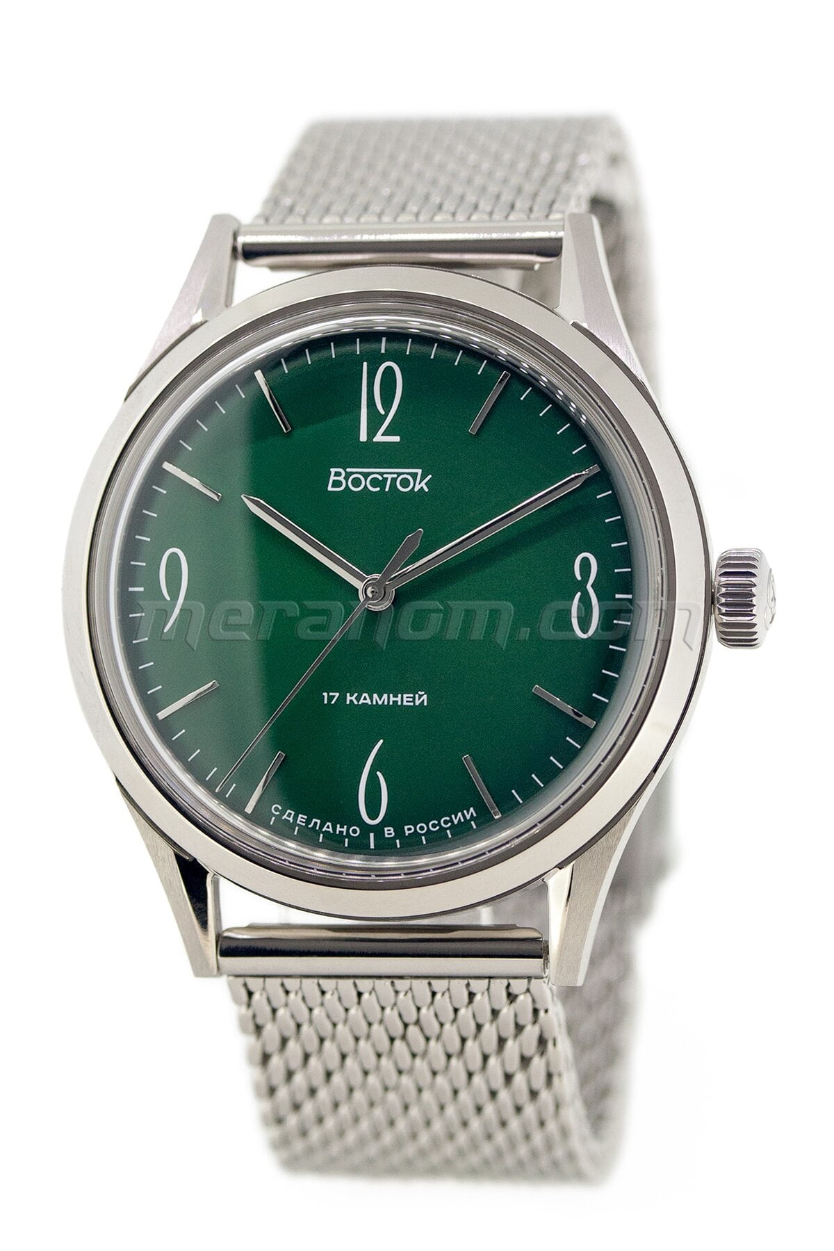 Vostok classica with silver steel strap and green dial