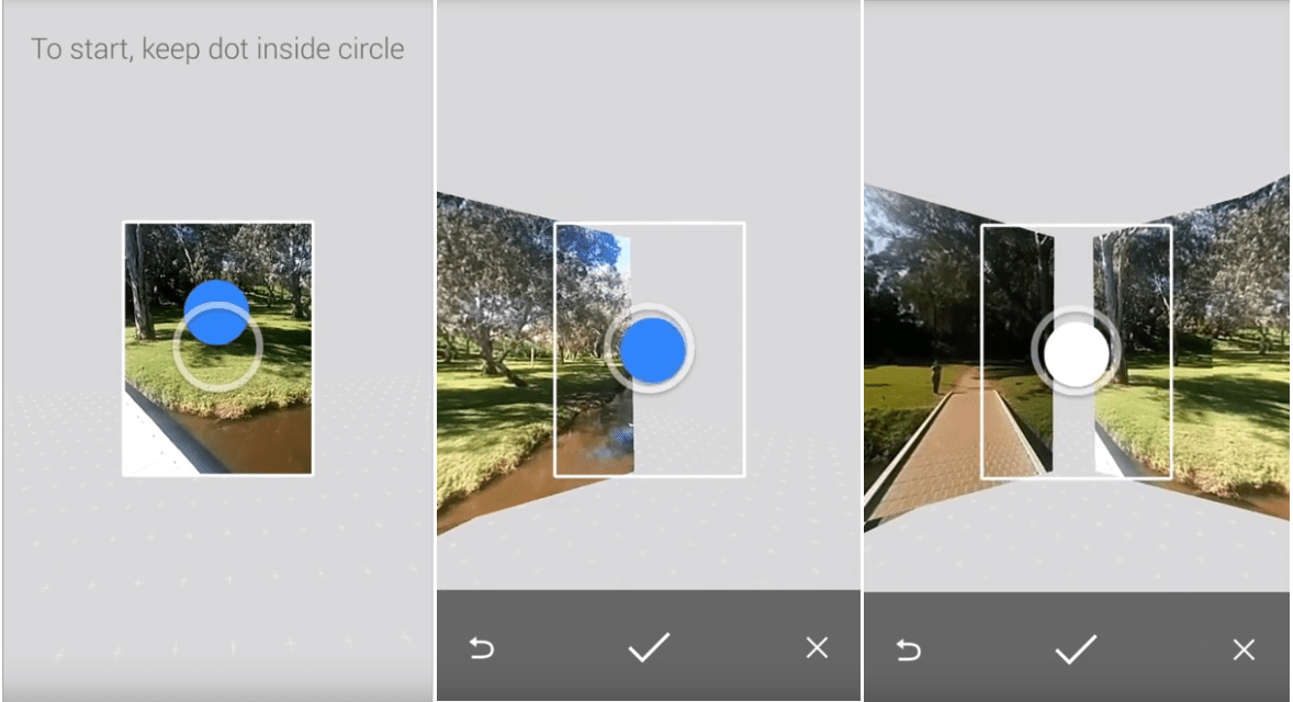A sequence of interface steps instructing the user to align a dot within a circle, likely for a panoramic or 360-degree photo capture.