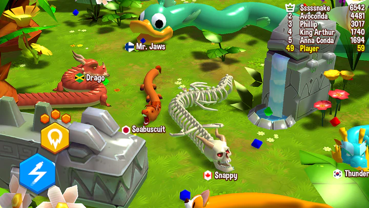 A colorful and vibrant game environment with various animated creatures, each having unique names, amidst greenery and structures.