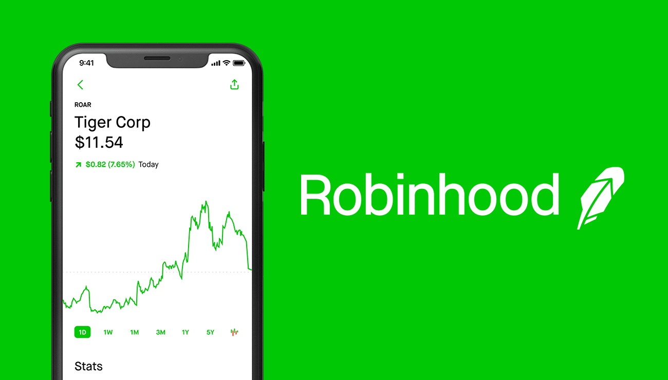 Mobile whose screen displays the price graph in the left, with robinhood written on a green background on the right.