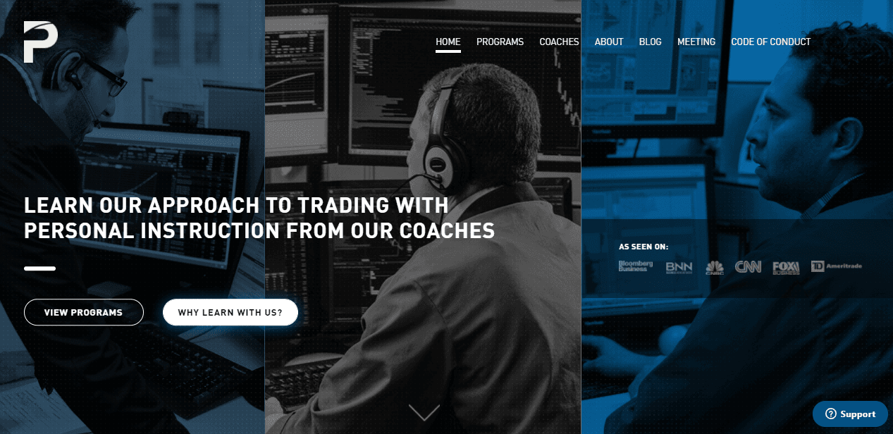 Trading education platform, highlighting their approach to trading with personal coaching, complemented by images of individuals analyzing financial data on computer screens.