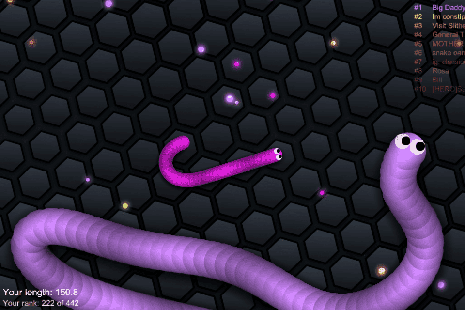 A purple snake navigating a hexagonal grid in a multiplayer online game