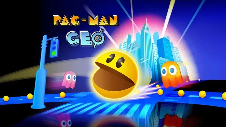 PAC-MAN GEO, blending the iconic game character with a modern cityscape background.