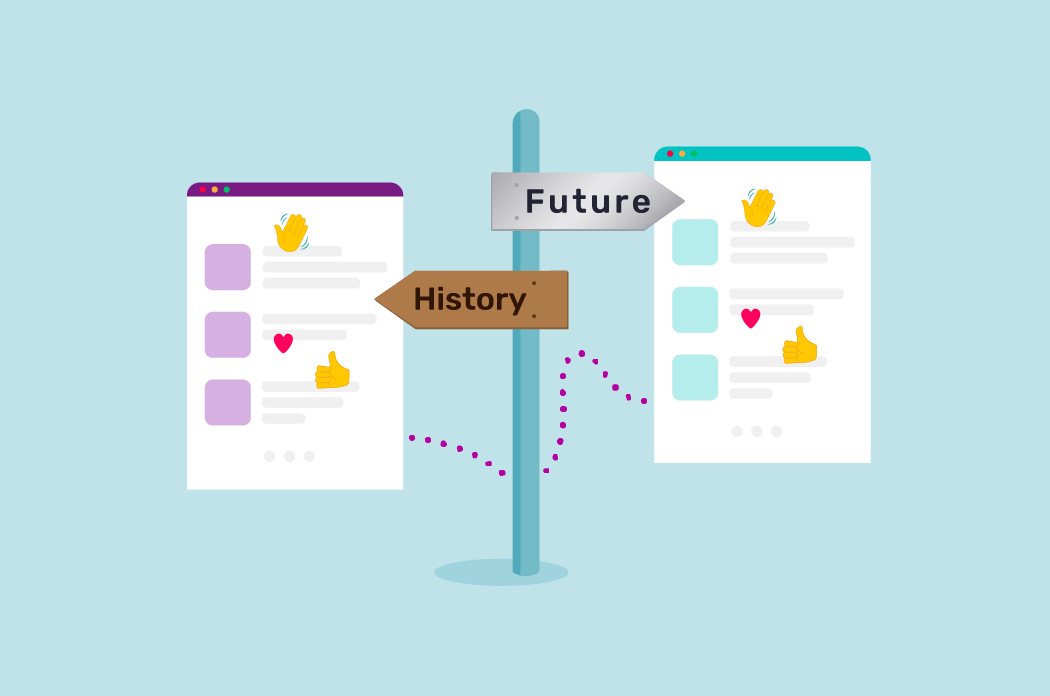 The evolution of digital content, transitioning from history to the future, represented by two web pages and a directional signpost.