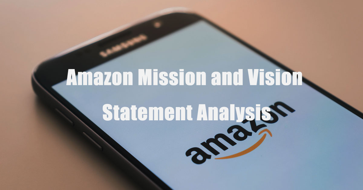 A smartphone screen presenting a topic about "Amazon Mission and Vision Statement Analysis" with the Amazon logo beneath the text.