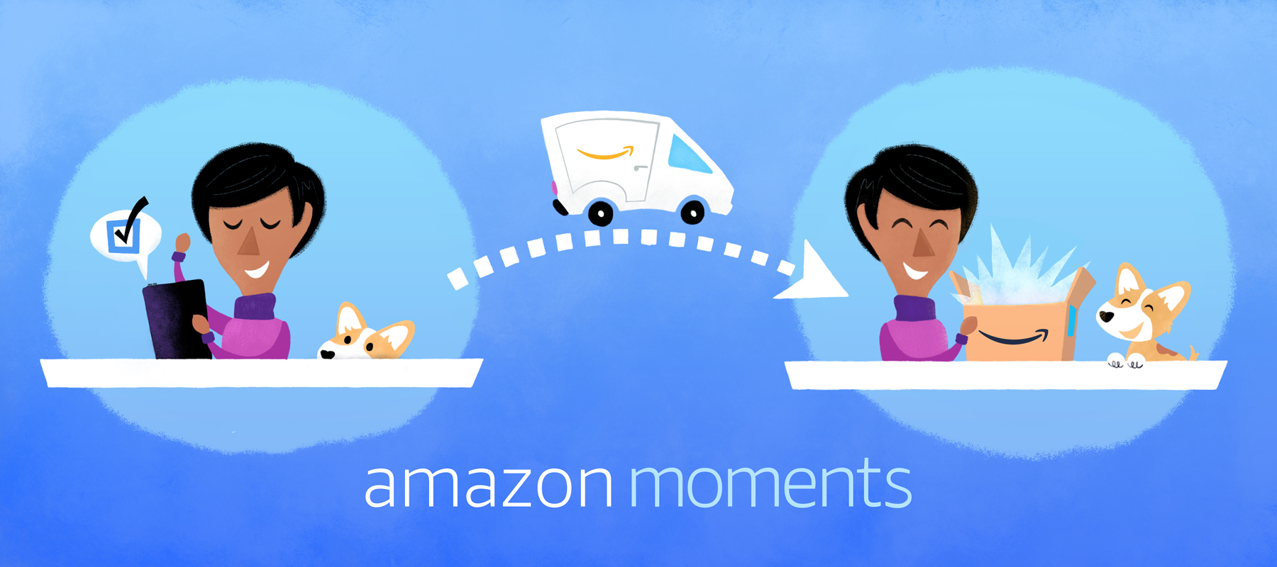 Seamless Amazon Moments reward process, from online shopping to joyful product unboxing with a pet by the side.