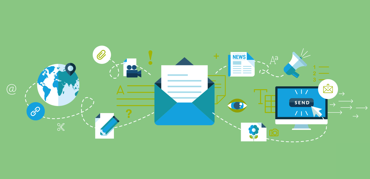 Multifaceted world of email communication, encompassing global connectivity, content creation, and various multimedia elements, set on a green background.